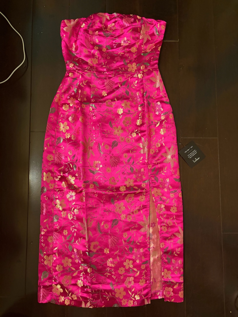 Lulu's Hot Pink Strapless Floral Jacquard Midi Dress with Gold Accents